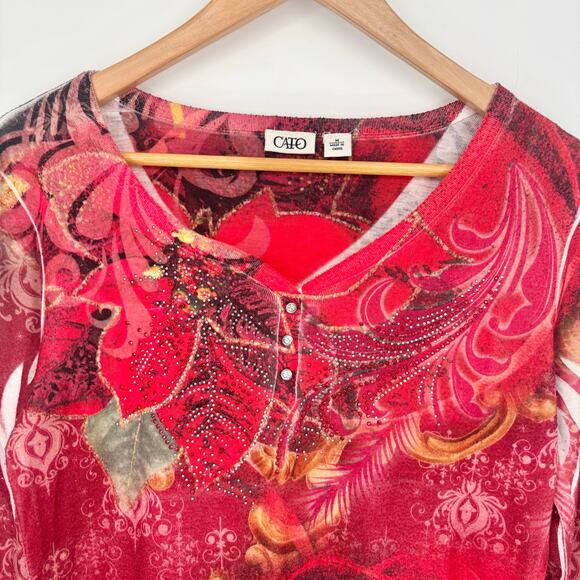 Cato Red Y2K Long Sleeve Rhinestone Fall Leaves Top Size M - Picture 3 of 6
